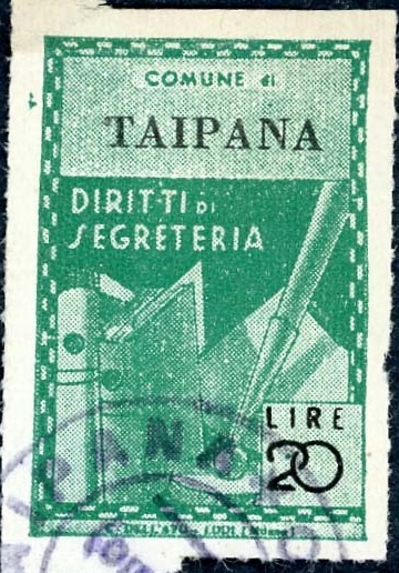 Marca da Bollo del Comune di TAIPANA su Carta Bianca Sottile di dimensioni 21,5 x 32,5 mm