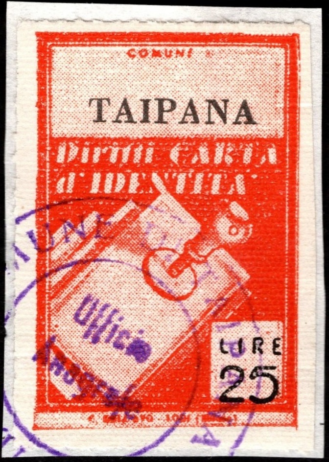 Marca da Bollo del Comune di TAIPANA su Carta Bianca Sottile di dimensioni 21,5 x 32,5 mm