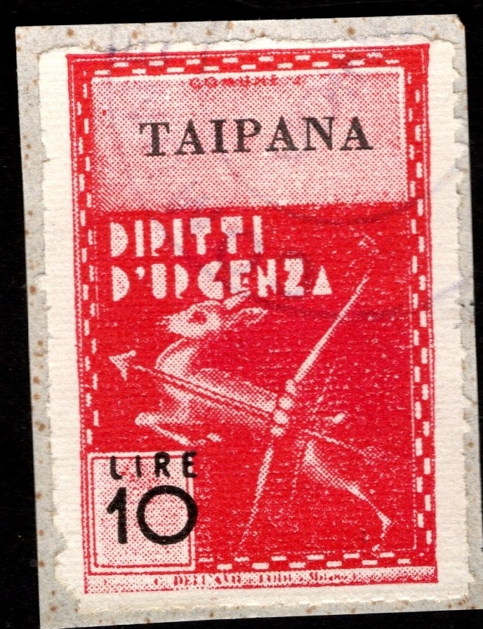 Marca da Bollo del Comune di TAIPANA su Carta Bianca Sottile di dimensioni 21,5 x 32,5 mm