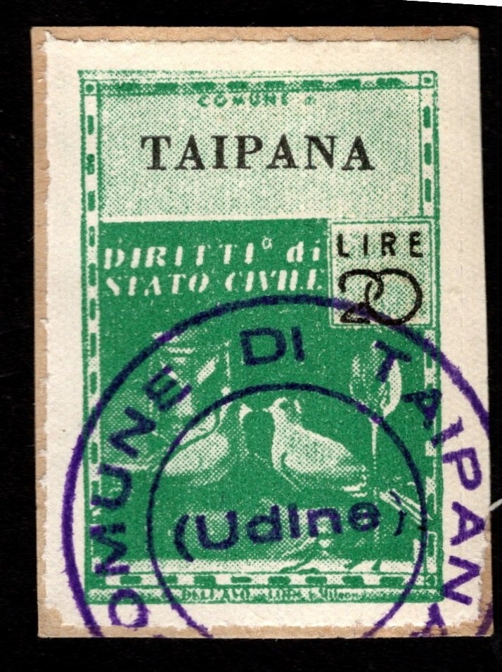 Marca da Bollo del Comune di TAIPANA su Carta Bianca Sottile di dimensioni 21,5 x 32,5 mm