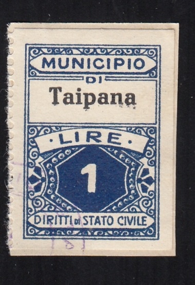Marca da Bollo del Comune di TAIPANA su Carta Bianca di dimensioni 16,5 x 23,5 mm