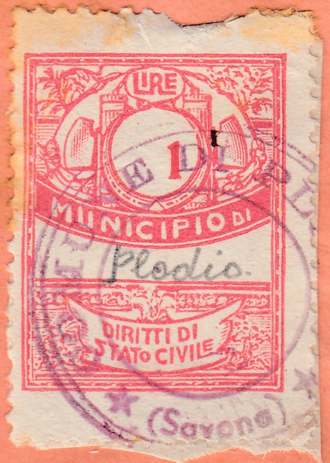 Marca da Bollo del Comune di PLODIO su Carta Bianca di dimensioni 22,5 x 29 mm