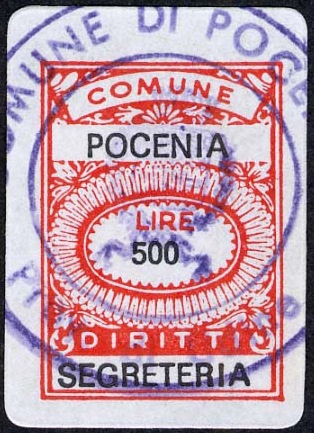 Marca da Bollo del Comune di POCENIA su Carta Bianca di dimensioni 17,5 x 24 mm