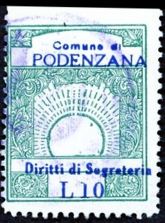 Marca da Bollo del Comune di PODENZANA su Carta Bianca di dimensioni 23,5 x 19,5 mm