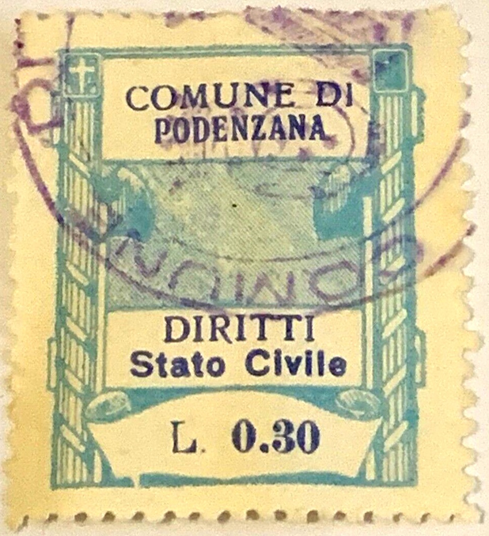 Marca da Bollo del Comune di PODENZANA su Carta Bianca di dimensioni 22 x 29 mm