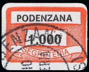 Marca da Bollo del Comune di PODENZANA su Carta Bianca di dimensioni 19 x 14 mm