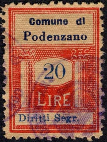 Marca da Bollo del Comune di PODENZANO su Carta Bianca Sottile di dimensioni 20 x 28 mm