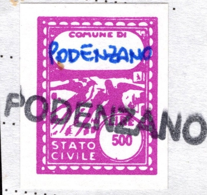 Marca da Bollo del Comune di PODENZANO su Carta Bianca Sottile di dimensioni 20 x 28 mm