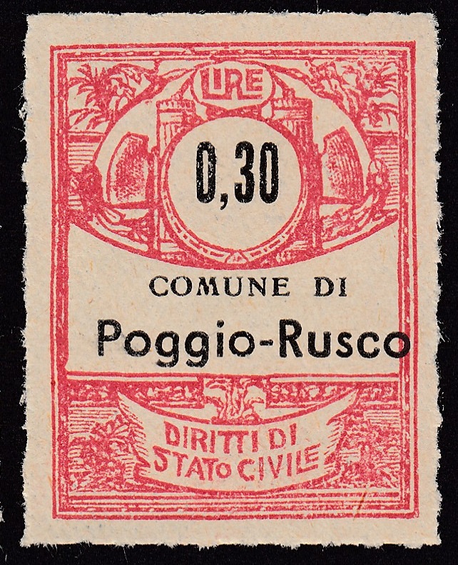 Marca da Bollo del Comune di POGGIO RUSCO su Carta Bianca Sottile di dimensioni 21,5 x 28,5 mm