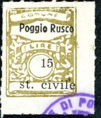 Marca da Bollo del Comune di POGGIO RUSCO su Carta Bianca Sottile di dimensioni 22,5 x 29 mm