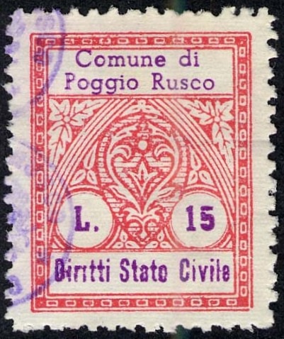 Marca da Bollo del Comune di POGGIO RUSCO su Carta Bianca di dimensioni 21,5 x 27 mm