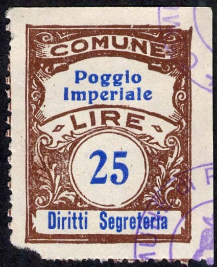 Marca da Bollo del Comune di POGGIO IMPERIALE su Carta Bianca di dimensioni 22 x 29 mm
