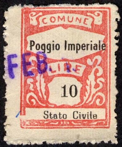 Marca da Bollo del Comune di POGGIO IMPERIALE su Carta Bianca di dimensioni 19 x 26 mm