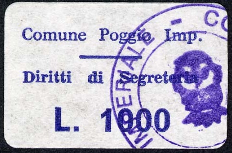 Marca da Bollo del Comune di POGGIO IMPERIALE su Carta Bianca di dimensioni 24 x 16 mm