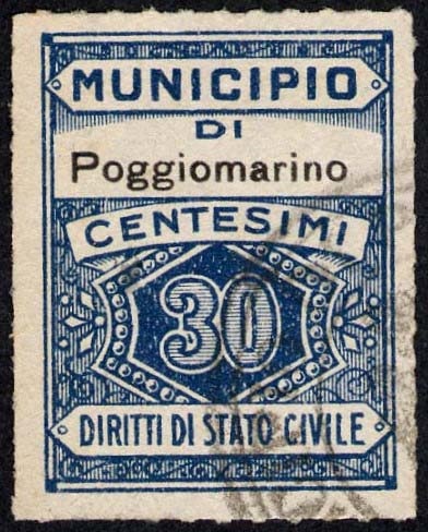Marca da Bollo del Comune di POGGIOMARINO su Carta Bianca di dimensioni 22 x 29 mm