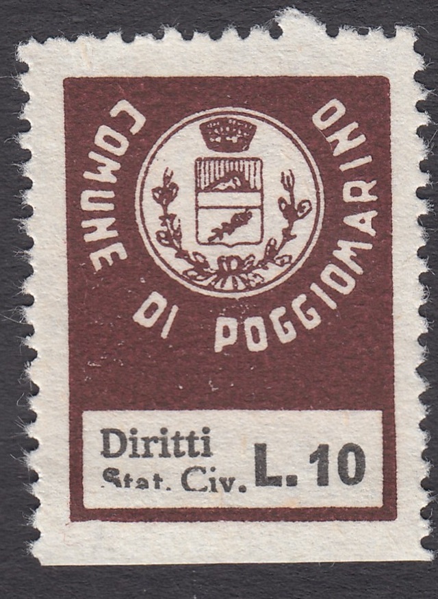 Marca da Bollo del Comune di POGGIOMARINO su Carta Bianca Sottile di dimensioni 20 x 27 mm