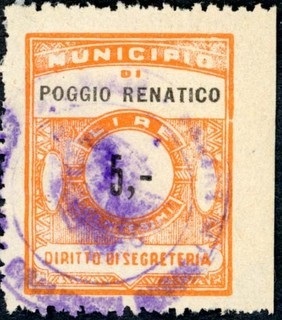 Marca da Bollo del Comune di POGGIO RENATICO su Carta Bianca Sottile di dimensioni 24 x 30,5 mm