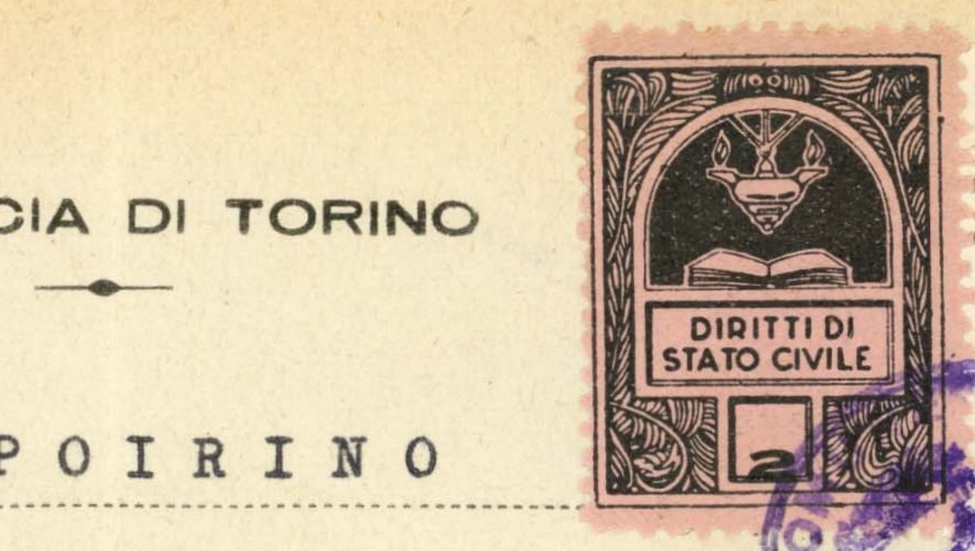 Marca da Bollo del Comune di POIRINO su Carta Colorata di dimensioni 22,5 x 29 mm