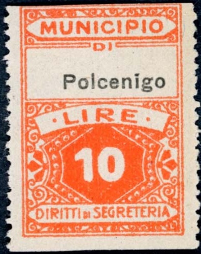 Marca da Bollo del Comune di POLCENIGO su Carta Bianca di dimensioni 22 x 29 mm
