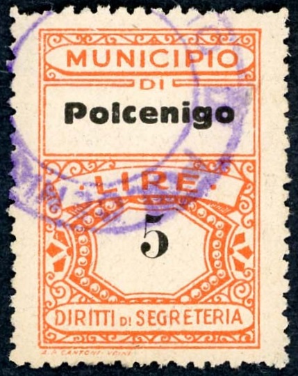 Marca da Bollo del Comune di POLCENIGO su Carta Bianca di dimensioni 22 x 29 mm