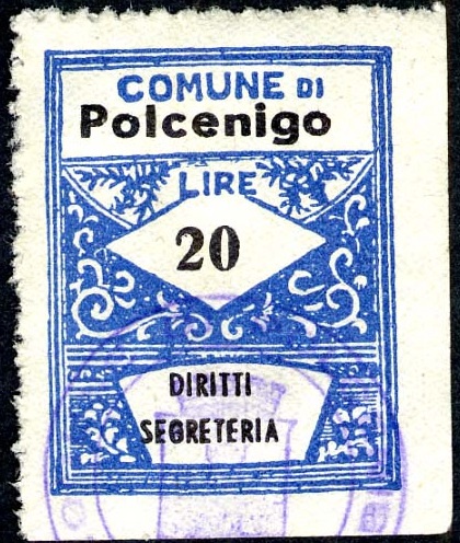 Marca da Bollo del Comune di POLCENIGO su Carta Bianca di dimensioni 22 x 29 mm