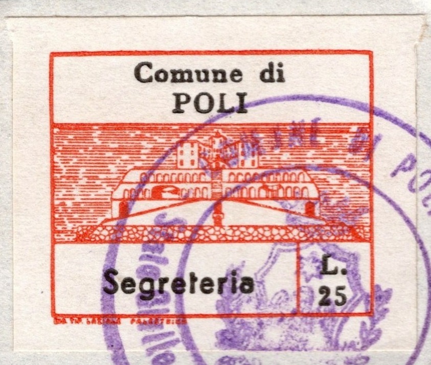 Marca da Bollo del Comune di POLI su Carta Bianca di dimensioni 23,5 x 19,5 mm