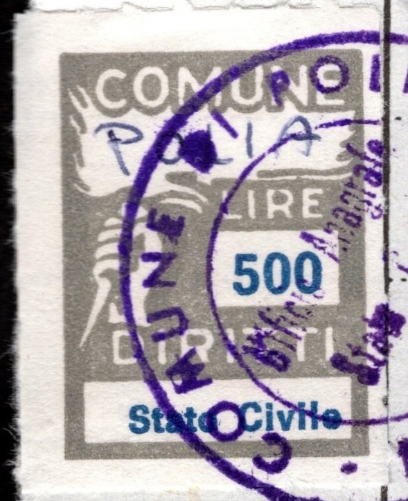 Marca da Bollo del Comune di POLIA su Carta Bianca di dimensioni 18 x 24,5 mm