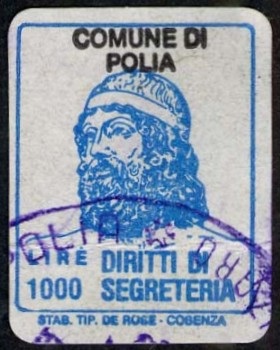 Marca da Bollo del Comune di POLIA su Carta Bianca di dimensioni 16 x 21 mm