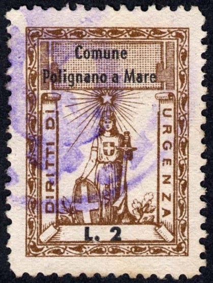 Marca da Bollo del Comune di POLIGNANO A MARE su Carta Bianca di dimensioni 20,5 x 29 mm