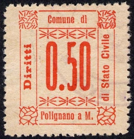 Marca da Bollo del Comune di POLIGNANO A MARE su Carta Bianca Sottile di dimensioni 22 x 26,5 mm
