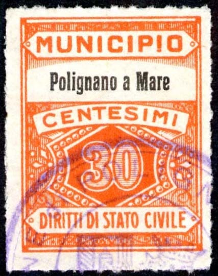Marca da Bollo del Comune di POLIGNANO A MARE su Carta Bianca Sottile di dimensioni 22 x 29 mm