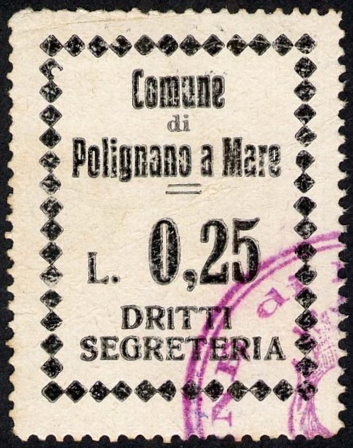 Marca da Bollo del Comune di POLIGNANO A MARE su Carta Bianca grossa di dimensioni 27 X 36 mm