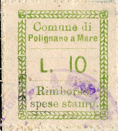 Marca da Bollo del Comune di POLIGNANO A MARE su Carta Bianca grossa di dimensioni mm
