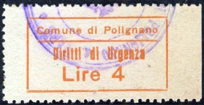 Marca da Bollo del Comune di POLIGNANO A MARE su Carta Bianca di dimensioni 31 x 17 mm