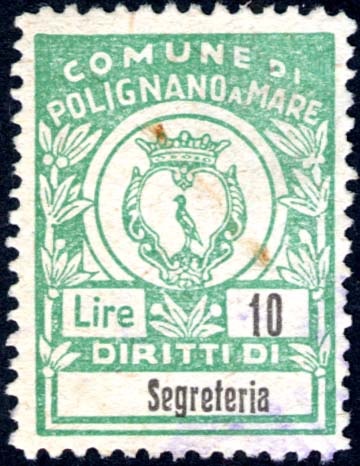 Marca da Bollo del Comune di POLIGNANO A MARE su Carta Bianca Sottile di dimensioni 21 x 28 mm