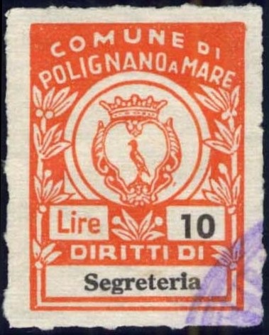 Marca da Bollo del Comune di POLIGNANO A MARE su Carta Bianca di dimensioni 21 x 28 mm