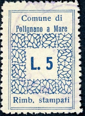 Marca da Bollo del Comune di POLIGNANO A MARE su Carta Bianca di dimensioni 22 x 28 mm