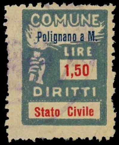 Marca da Bollo del Comune di POLIGNANO A MARE su Carta Bianca Sottile di dimensioni 18,5 x 26 mm