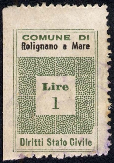 Marca da Bollo del Comune di POLIGNANO A MARE su Carta Bianca Sottile di dimensioni 19,5 x 28,5 mm