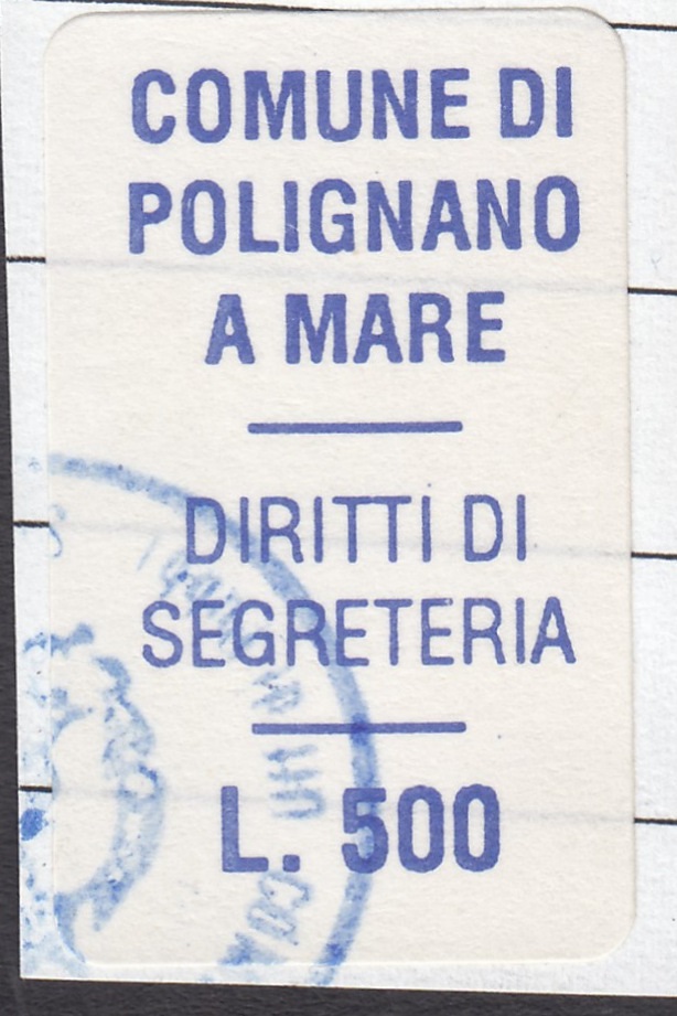 Marca da Bollo del Comune di POLIGNANO A MARE su Carta Bianca di dimensioni 17 x 30 mm