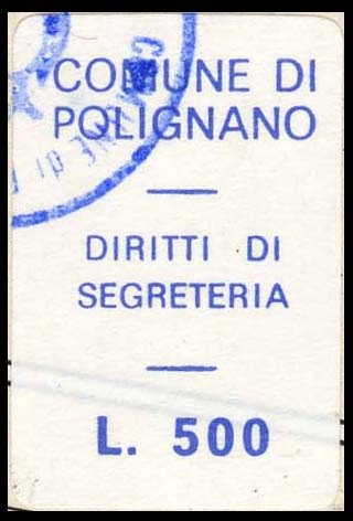 Marca da Bollo del Comune di POLIGNANO A MARE su Carta Bianca di dimensioni 16,5 x 25 mm