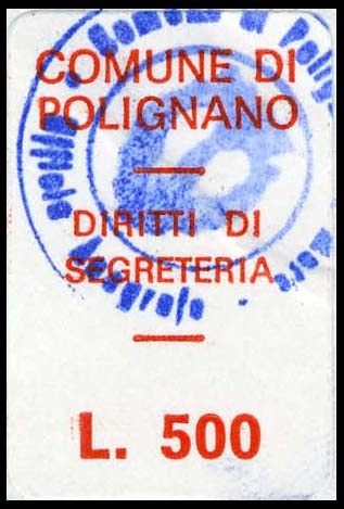 Marca da Bollo del Comune di POLIGNANO A MARE su Carta Bianca di dimensioni 16 x 22,5 mm