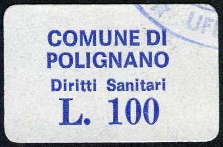 Marca da Bollo del Comune di POLIGNANO A MARE su Carta Bianca di dimensioni 21 x 15 mm
