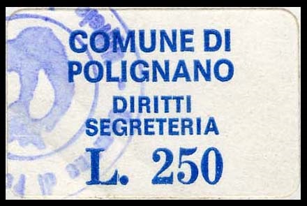 Marca da Bollo del Comune di POLIGNANO A MARE su Carta Bianca di dimensioni 16,5 x 15 mm