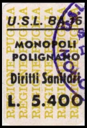 Marca da Bollo del Comune di POLIGNANO A MARE su Carta Bianca di dimensioni 20 x 30 mm