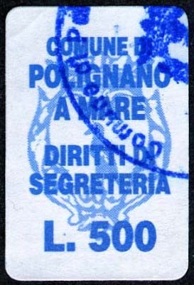 Marca da Bollo del Comune di POLIGNANO A MARE su Carta Bianca di dimensioni 21 X 27 mm