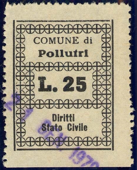 Marca da Bollo del Comune di POLLUTRI su Carta Bianca di dimensioni 23,5 x 31 mm