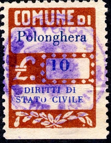 Marca da Bollo del Comune di POLONGHERA su Carta Bianca Sottile di dimensioni 20 x 28 mm