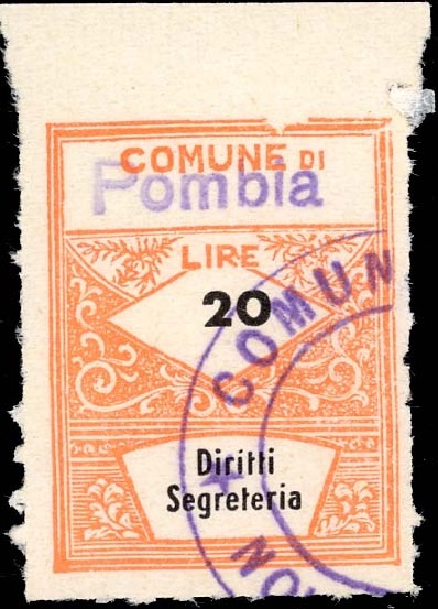 Marca da Bollo del Comune di POMBIA su Carta Bianca Sottile di dimensioni 22 x 29 mm