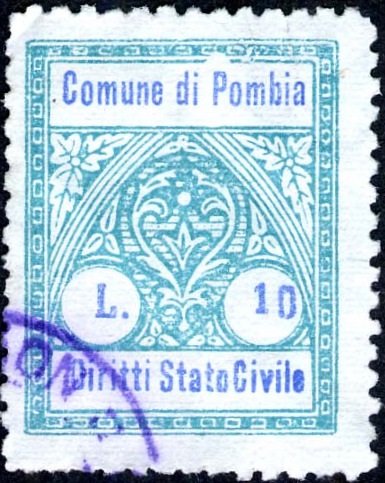 Marca da Bollo del Comune di POMBIA su Carta Bianca di dimensioni 21,5 x 27 mm